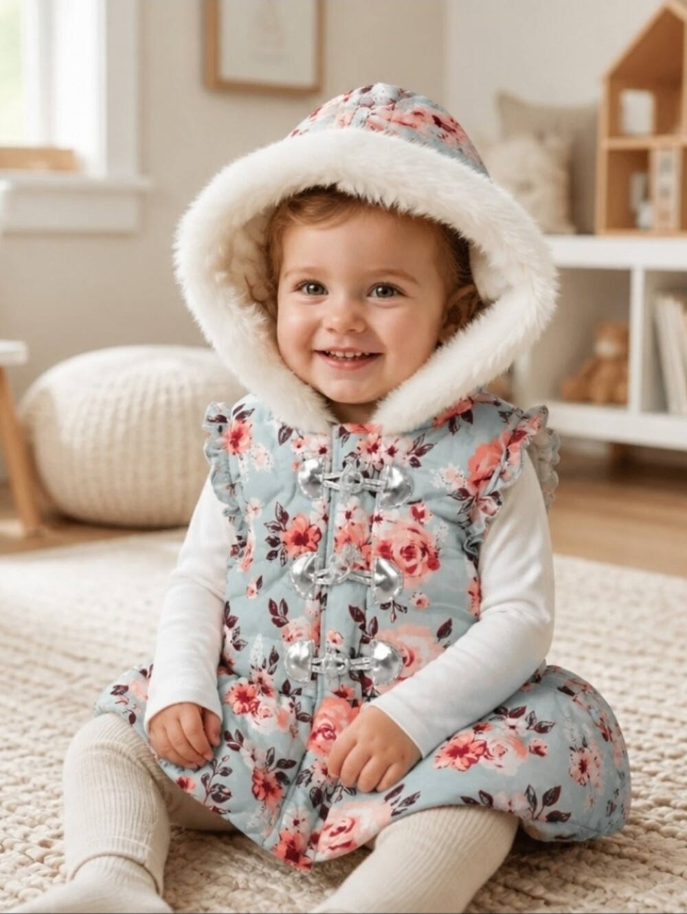 LITTLE LASS Puffer Vest w/ Faux Trimmed Hood, Girl's 2T, Light Blue Floral